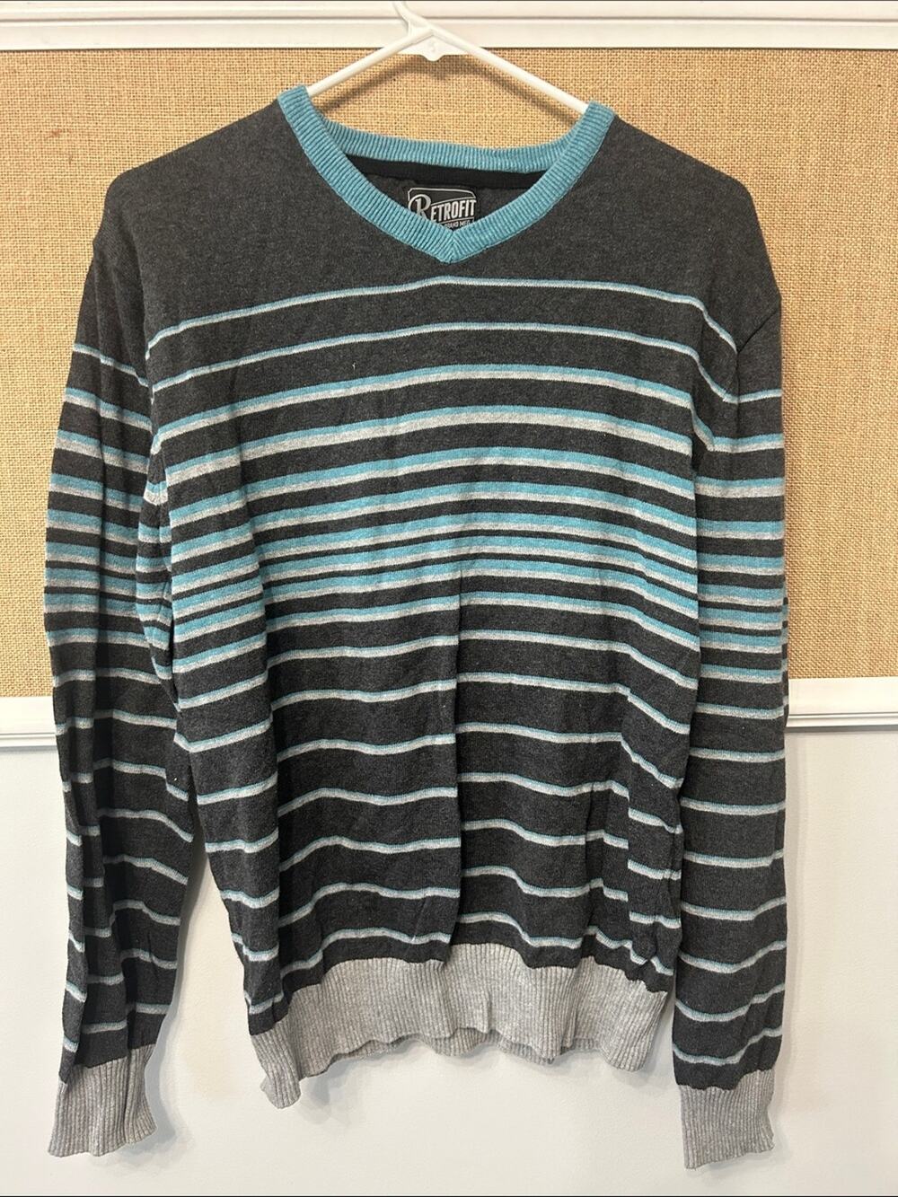 Retrofit Men's Charcoal, Teal & Light Gray Striped V-Neck Sweater